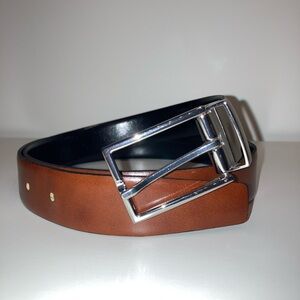 Reversible Cognac Brown and Black Leather Belt with Silver Buckle